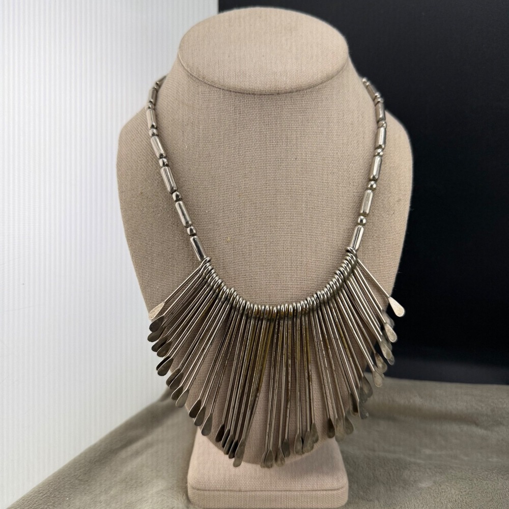Vintage Estate Bib Necklace Silver Tone Fringe Tassel‎ Hook Beaded 18"